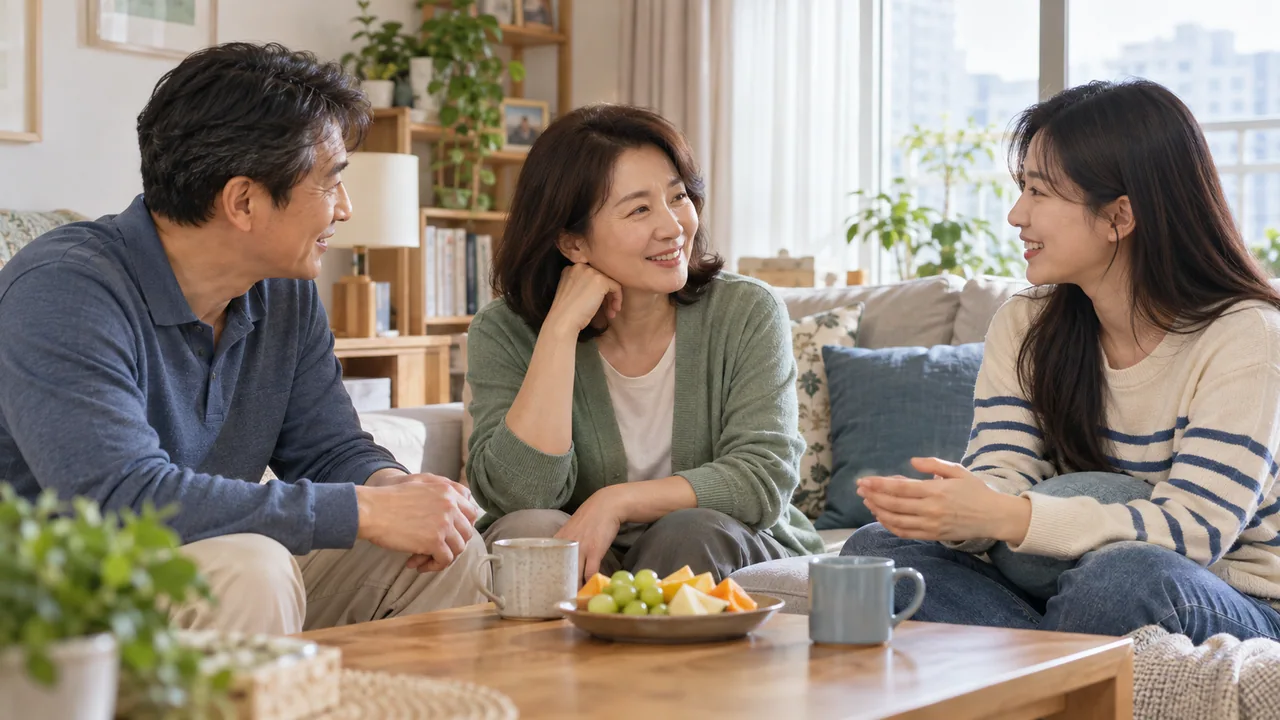 거실에서 편안하게 이야기를 나누는 가족