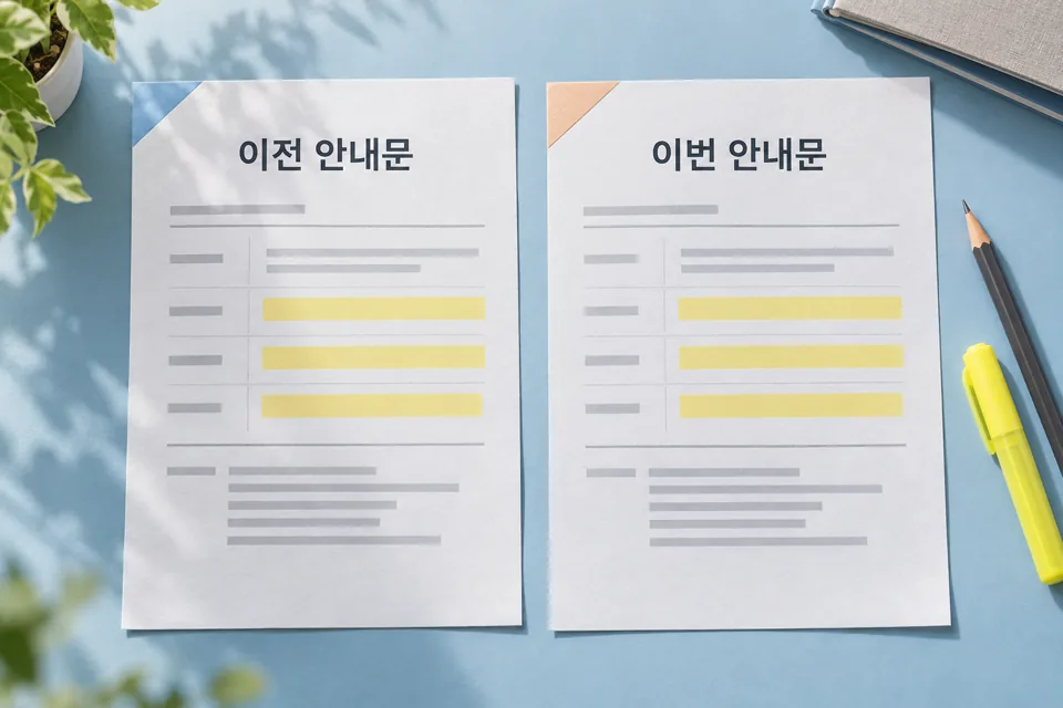 이전 안내문과 이번 안내문에서 같은 위치를 나란히 표시한 예시